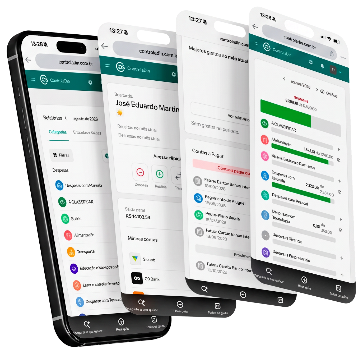 Telas do ControlaDin no celular: receitas por categoria, limites de gastos e cartões
